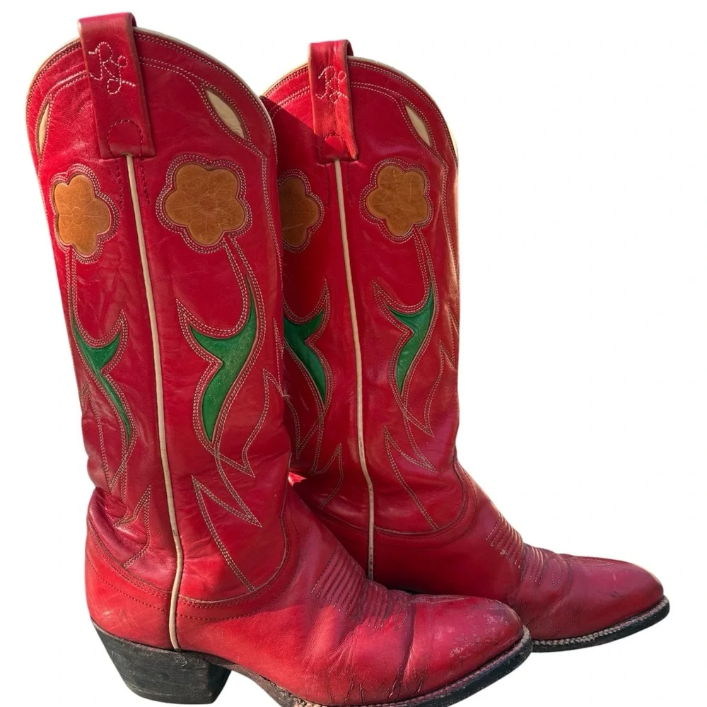 Ralph Lauren Polo Western Cowboy Boots Vintage 1980s Red Leather Flower Inlay - Picture 3 of 16